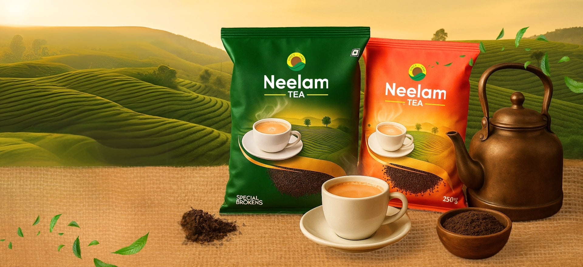 Neelam Tea packages with a cup of tea on a scenic background