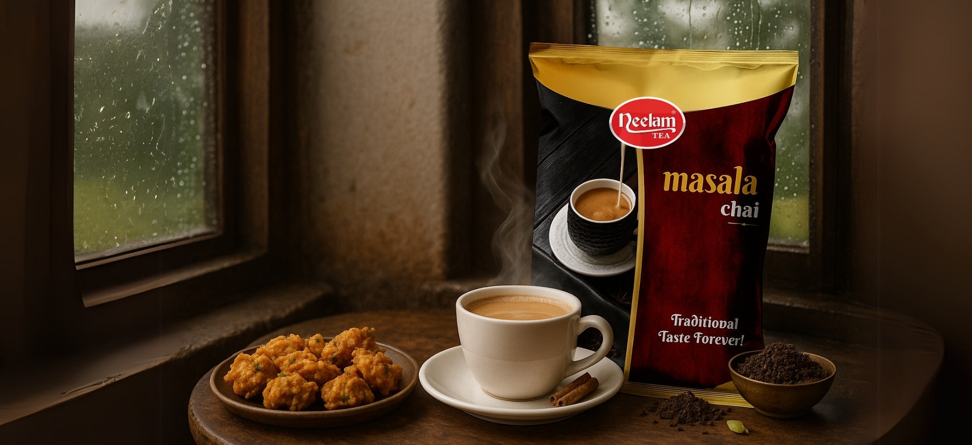 Steaming cup of masala chai with a Redbarn bag in a cozy setting by a window.