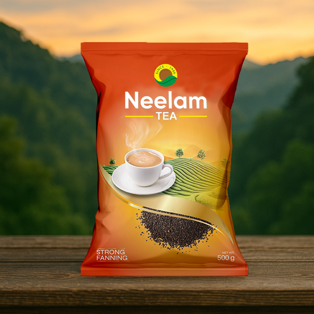 Neelam Tea package with a scenic background